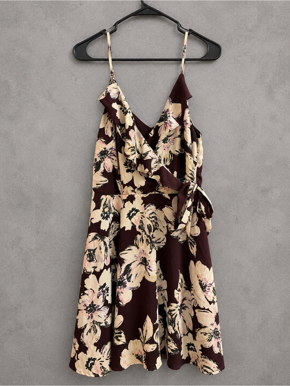 Floral Ruffle Tie-Waist Sundress in Burgundy and Cream